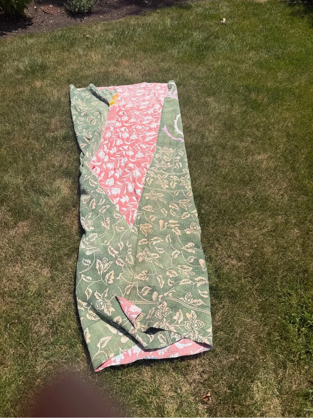 Green Floral Kantha Throw with Pink & Cream Accents